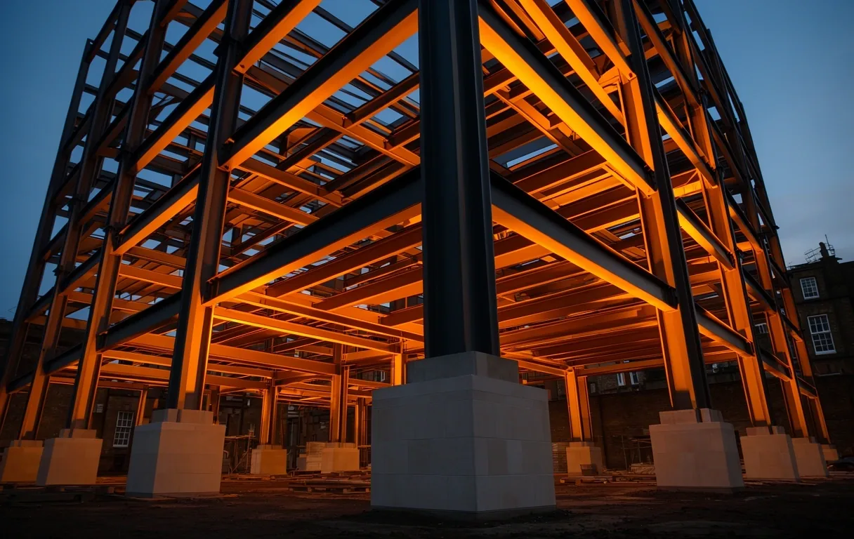 Structural steel frame at dusk