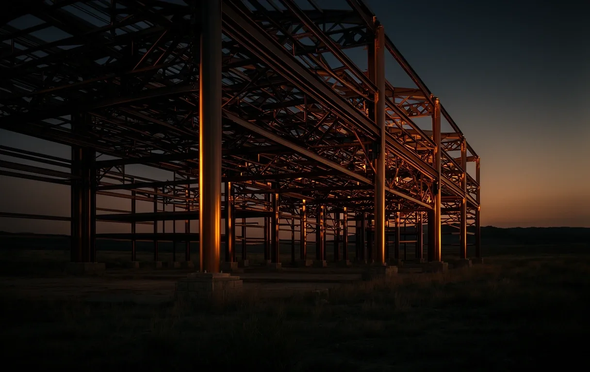 Structural steel skeleton at dusk