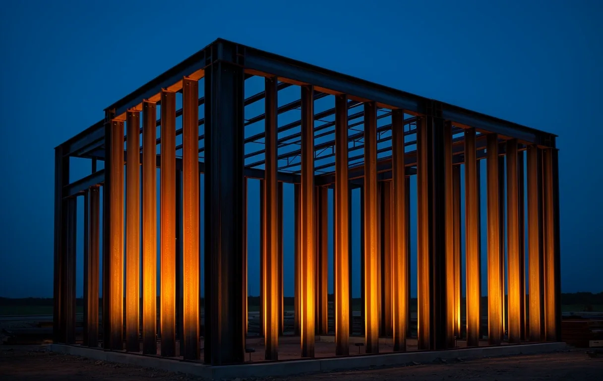 Structural steel frame at dusk