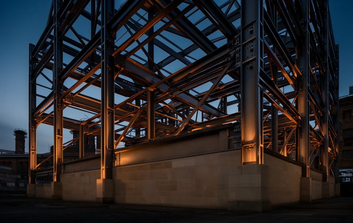Structural steel frame at dusk