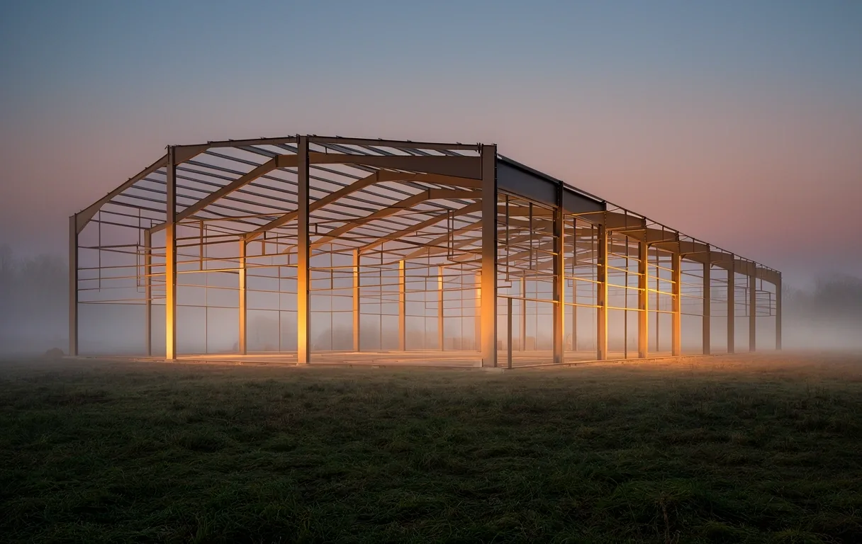 Pre-engineered steel building at dusk